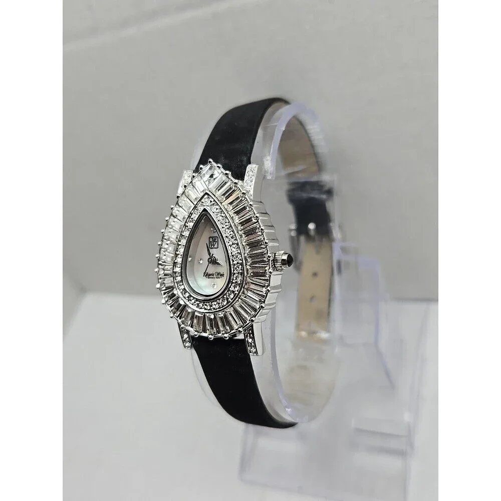Victoria Wieck B6491 Teardrop Crystal MOP Dial Black Leather Watch New Battery